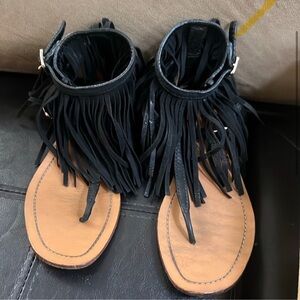 Prada black suede fringe flat sandal size 37/ US 6.5